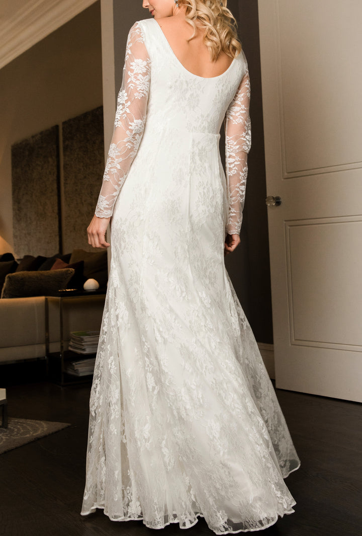 Umstandsbrautkleid HELENA, Umstandsbrautkleid. Schwangerschaftsbrautkleid, Standesamt, Hochzeit, Umstandsmode, Brautkleid für Schwangere, kurz, ivory, bodenlang, Spitze, Rückenausschnitt, Fit & Flair-Style