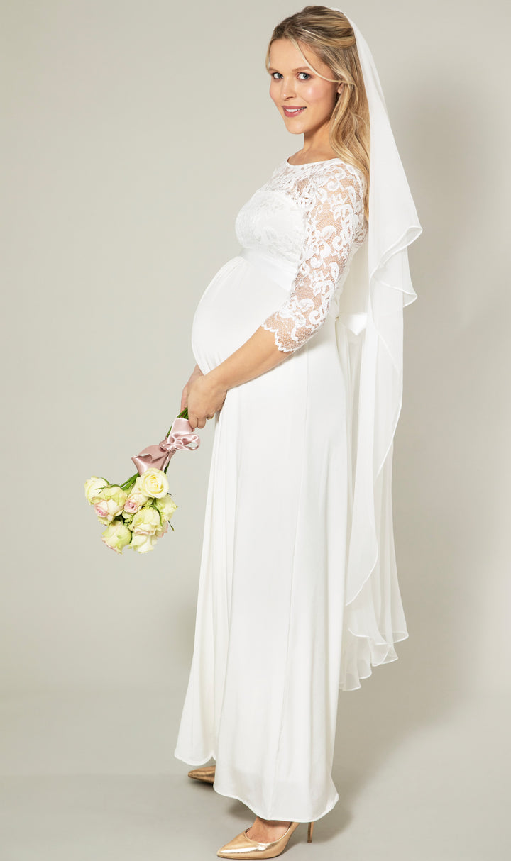 Karo Umstandsbrautkleid, Brautkleid mit Rückenausschnitt, Standesamt, Hochzeit, Brautkleid für Schwangere, weiß, kurz, Umstandsmode, Schwangerschaft, Stillkleidung, Spitze, glatter Rock